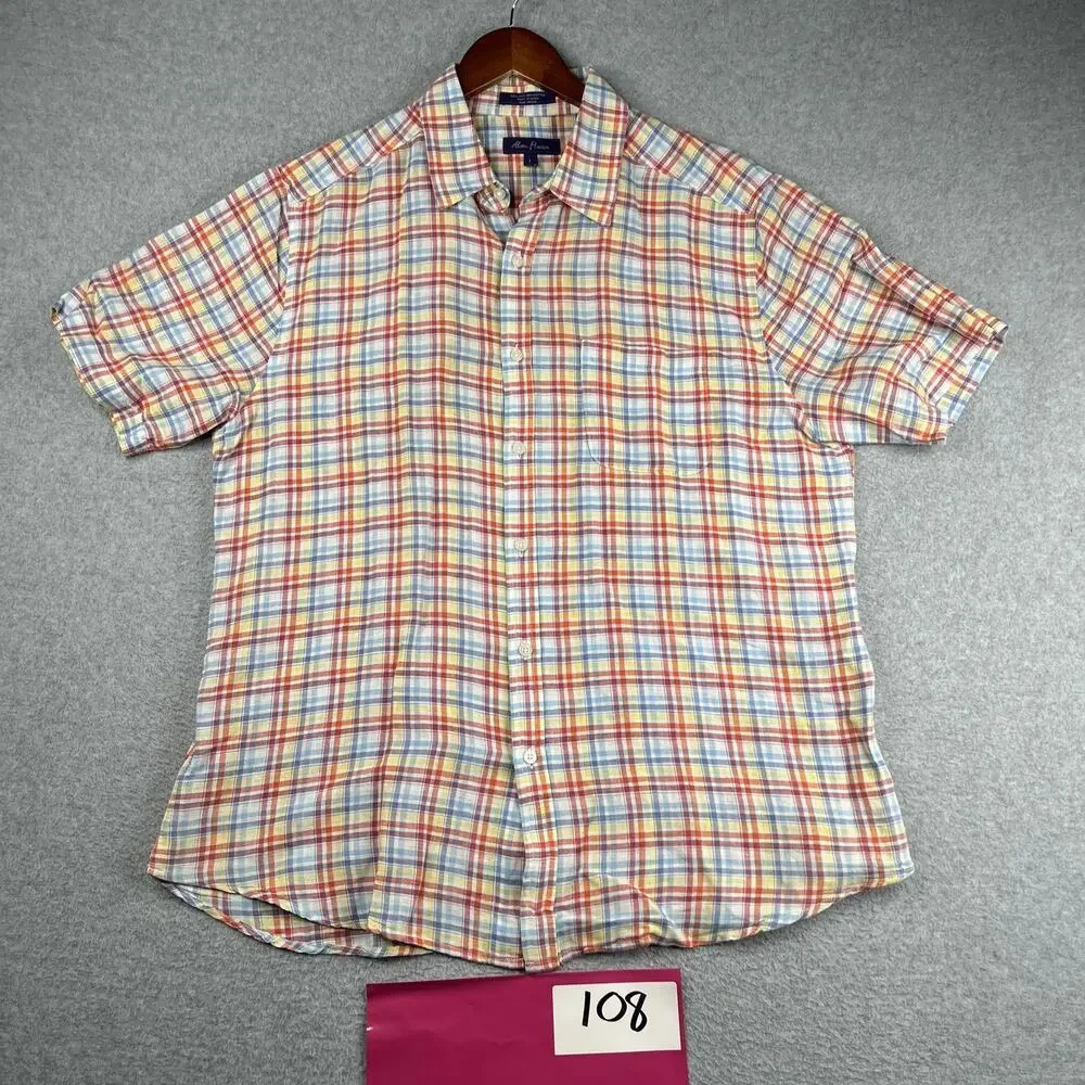 Alan Flusser Linen Blend Shirt Colorful Plaid Pocket Short Sleeve Button Up L